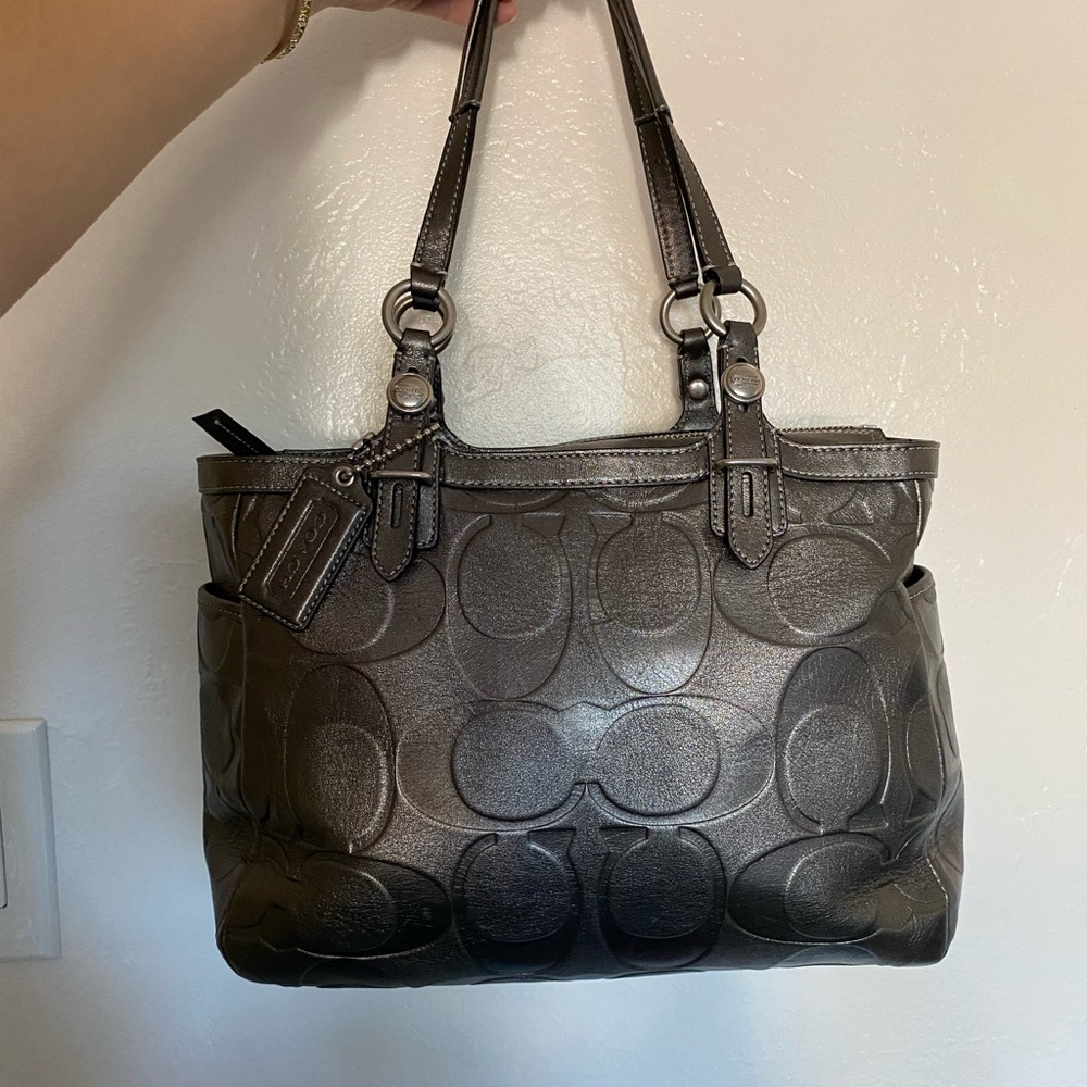 Coach Signature Women's Silver Leather Satchel Top Handle Bag